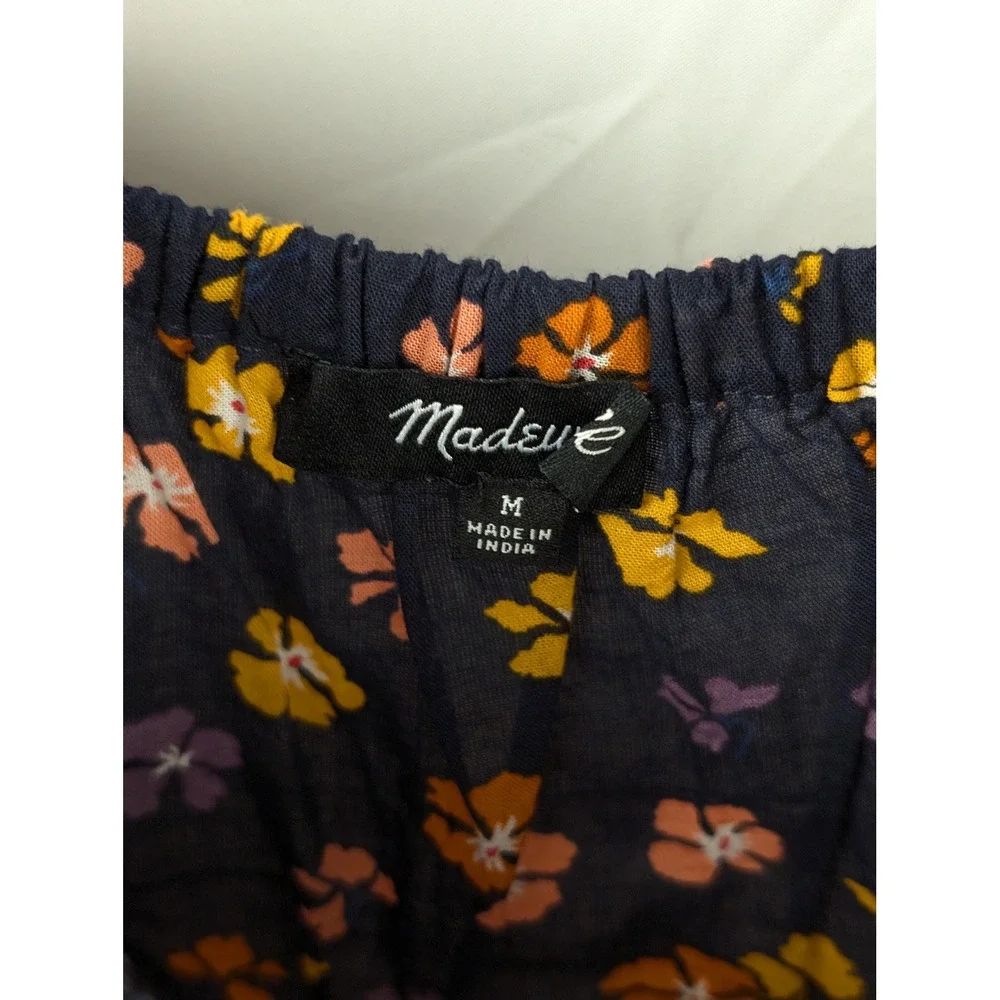 Ditsy Floral Smocked Puff Sleeve Peasant Top Sz M Navy Cottagecore Prairie Boho